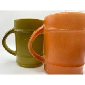 60's Anchor Hocking Fire-King Barrel Coffee VTG Mugs 2 Orange Avocado Green Cups